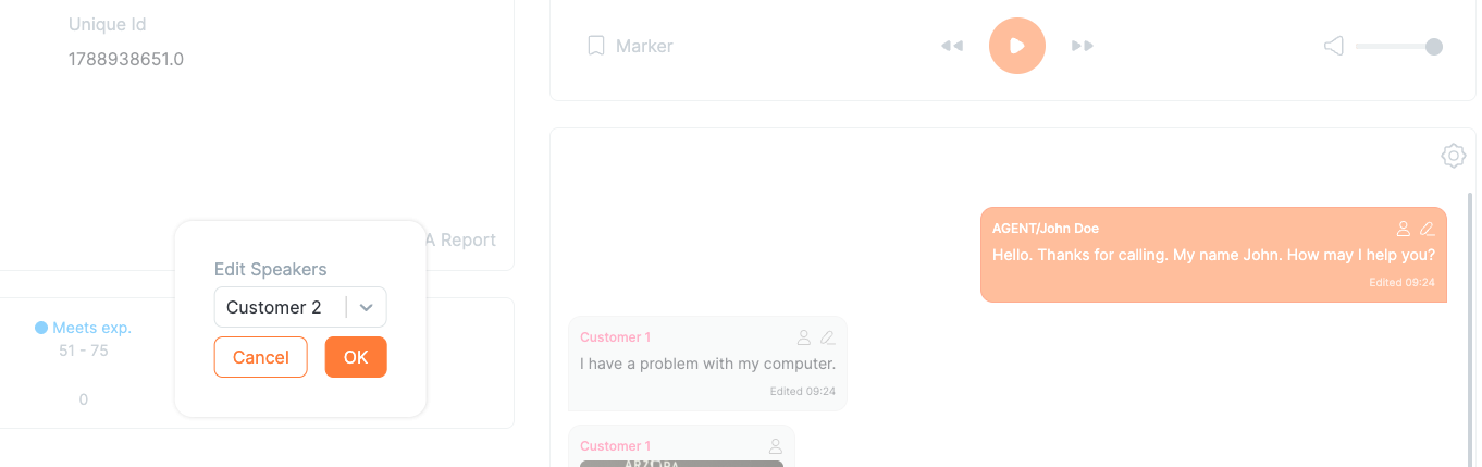 Edit Speakers dialog with a speaker drop-down and Cancel and OK buttons